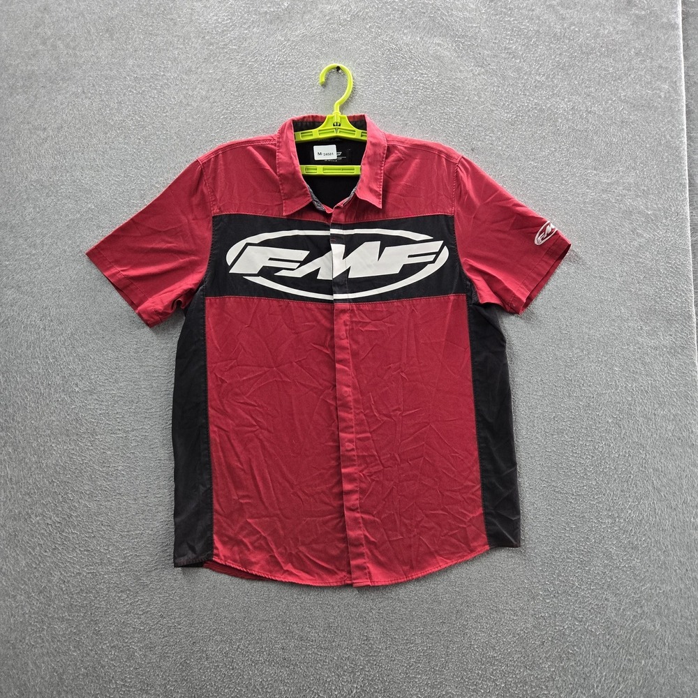 FMF Men Button Up Shirt M Red Colorblock Logo Y2K Flying Machine Factory Moto